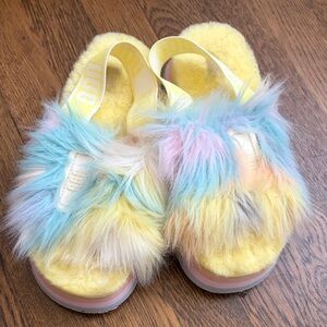 UGG Kids Fluffy Yellow and Pastel Slippers